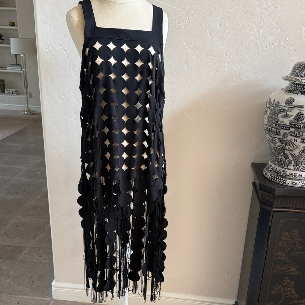 Anthropologie NWT black open design see through fringe top/vest One size.